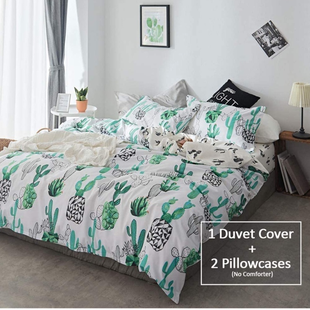Cotton Twin Bedding Duvet Cover Sets Green Black Cactus Printed in White Ivory